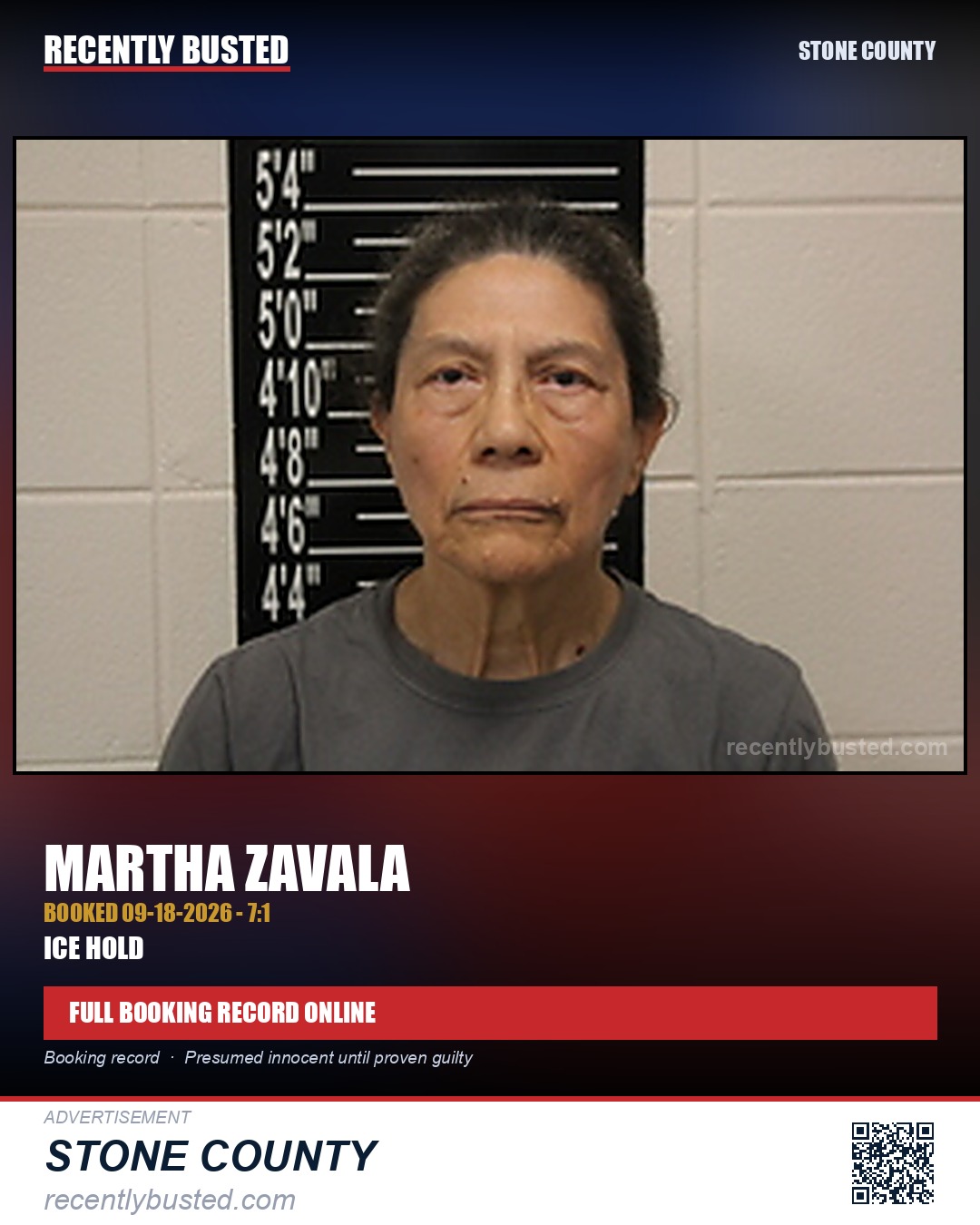 Zavala, Martha — arrest record card, Stone County