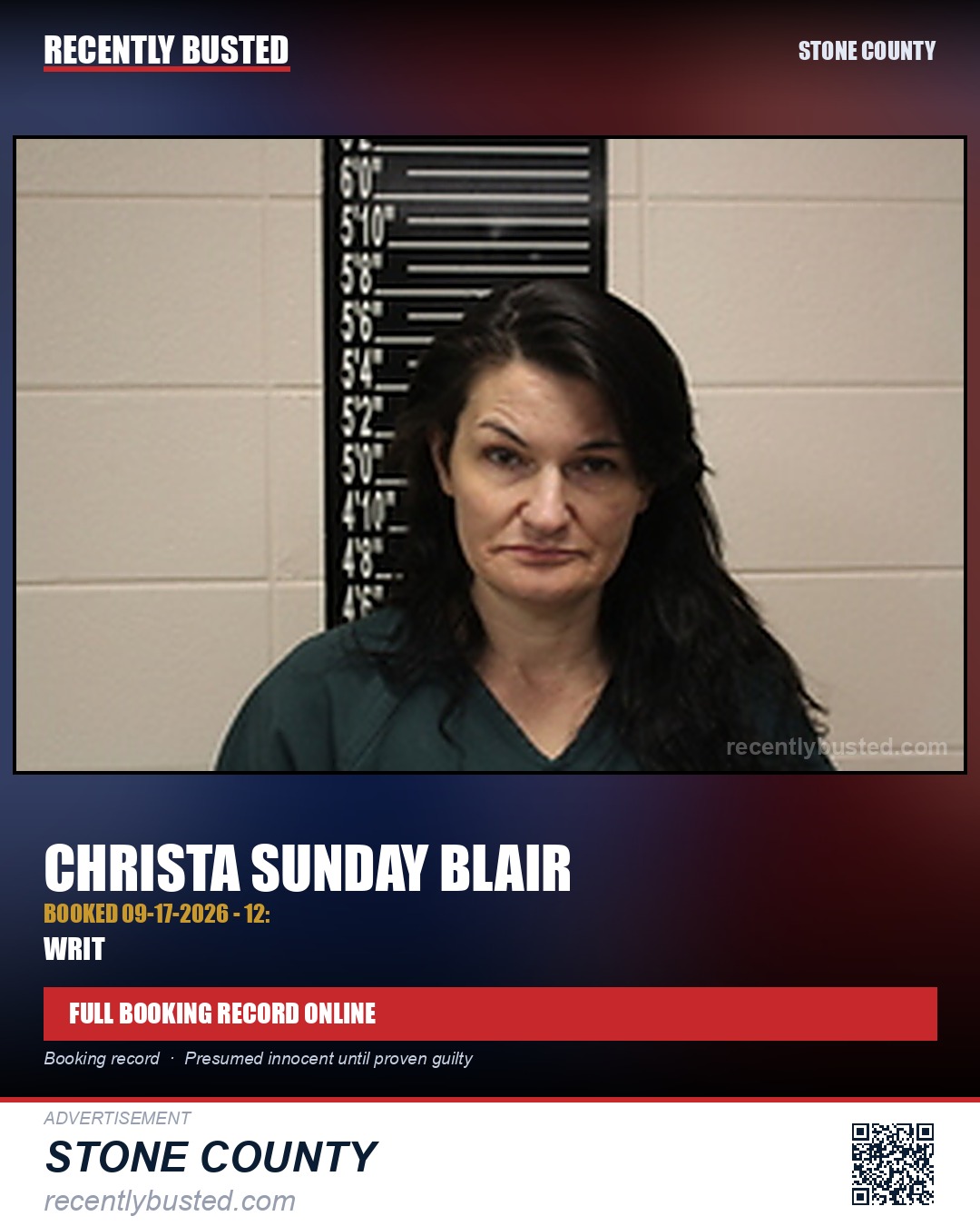 Blair, Christa Sunday — arrest record card, Stone County