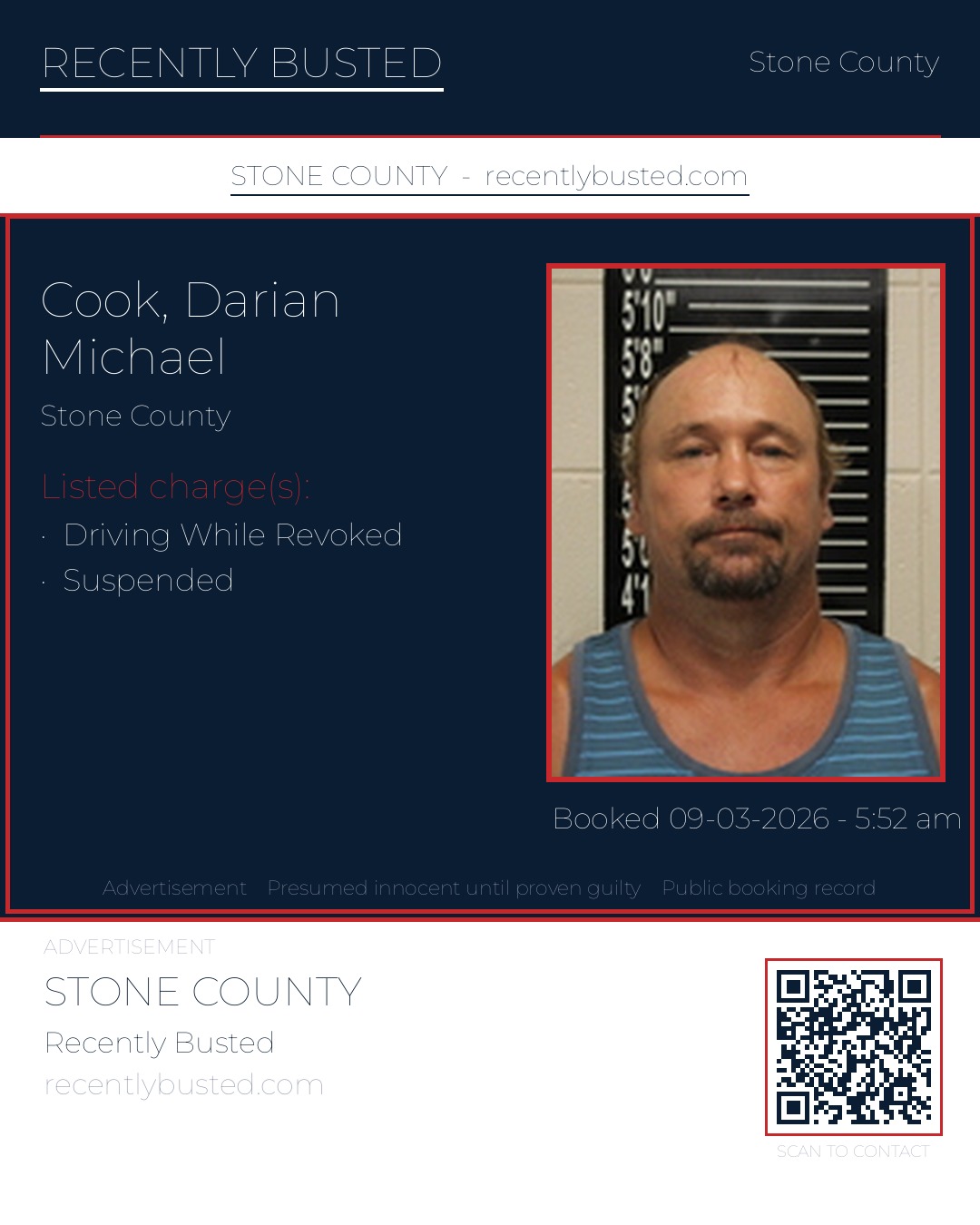Cook, Darian Michael — arrest record card, Stone County