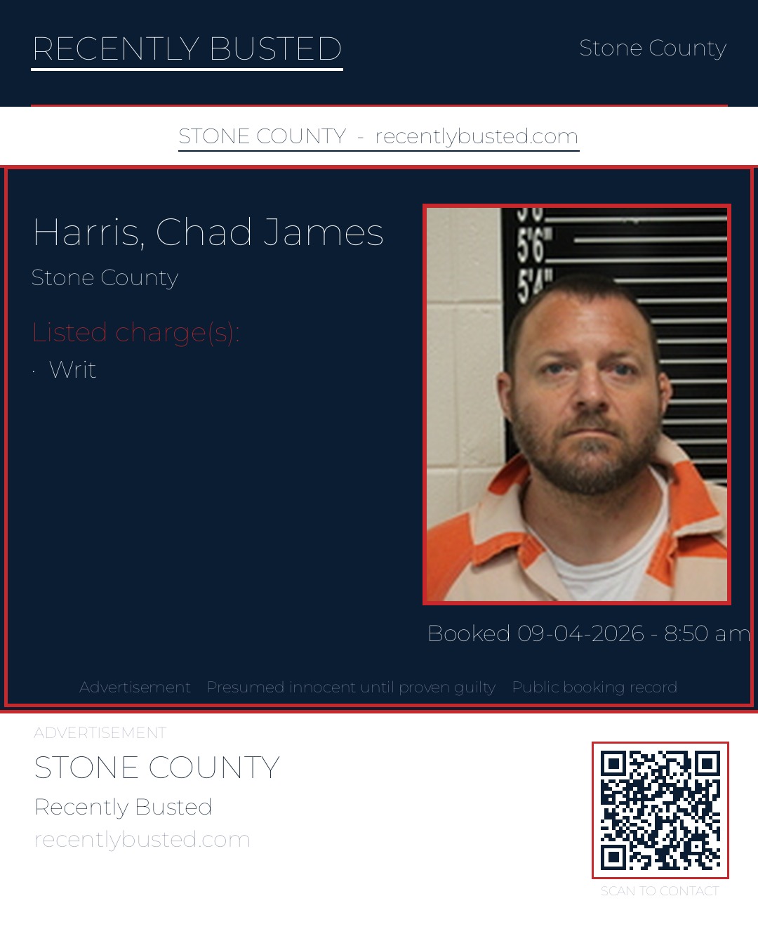 Harris, Chad James — arrest record card, Stone County
