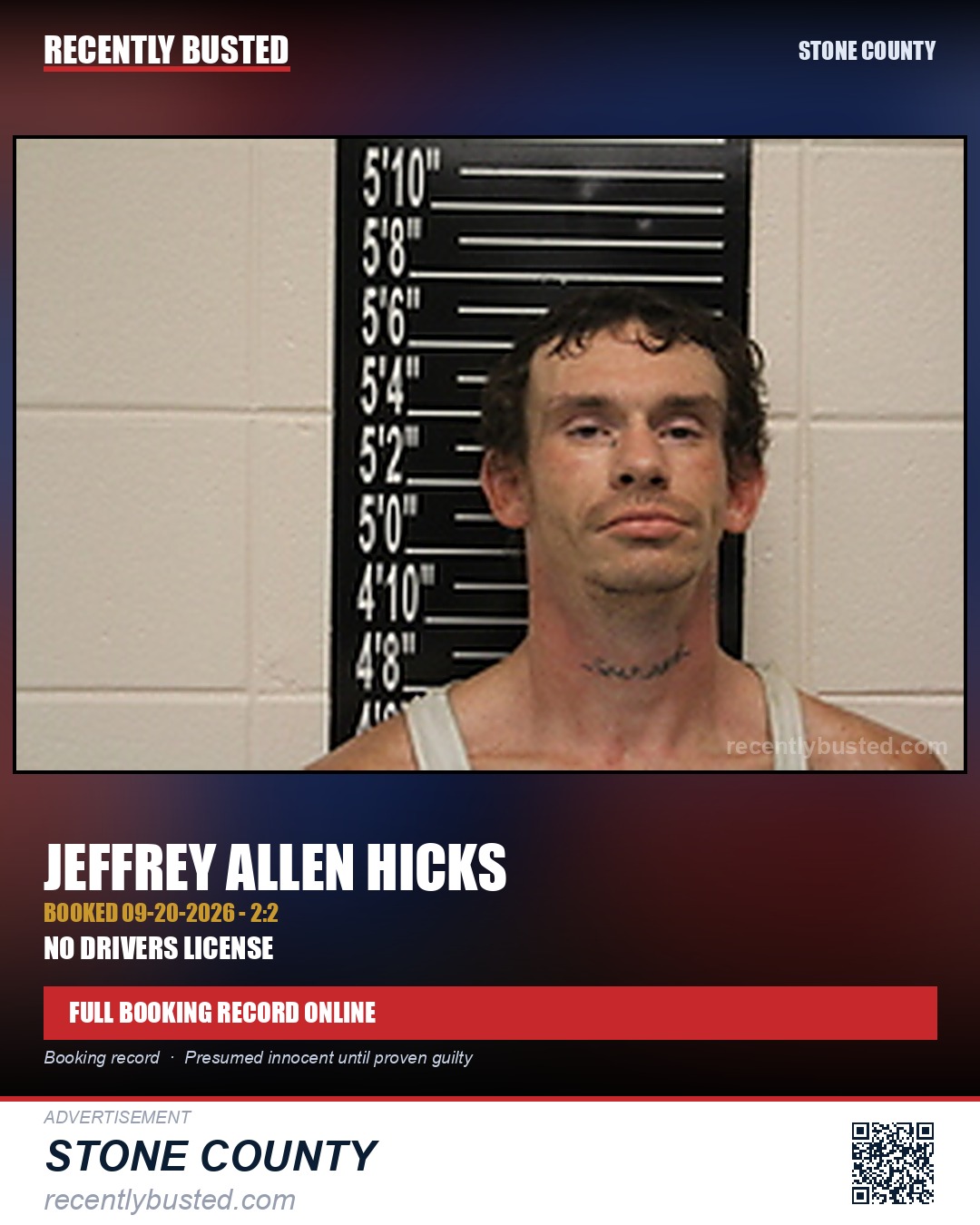 Hicks, Jeffrey Allen — arrest record card, Stone County