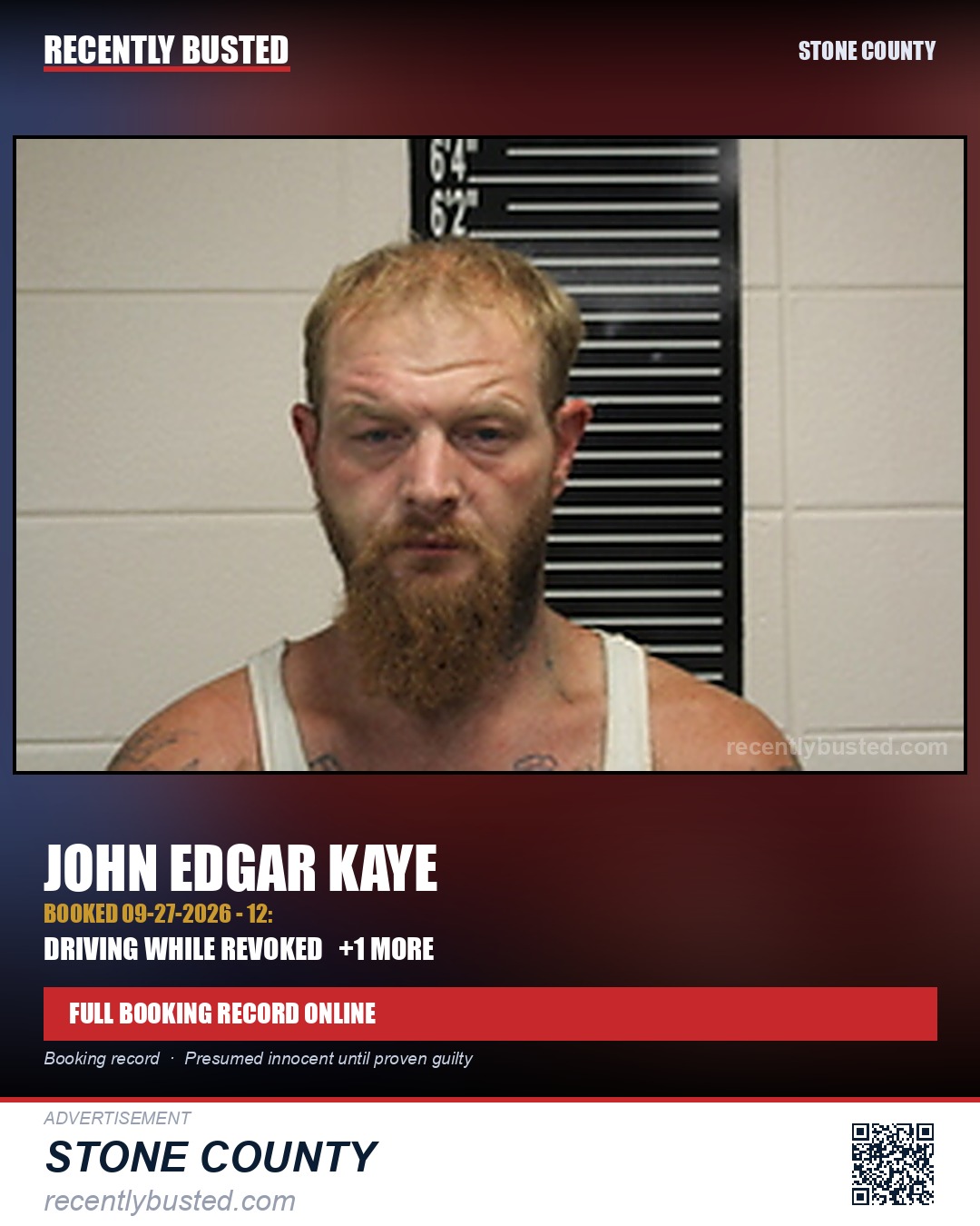 Kaye, John Edgar — arrest record card, Stone County