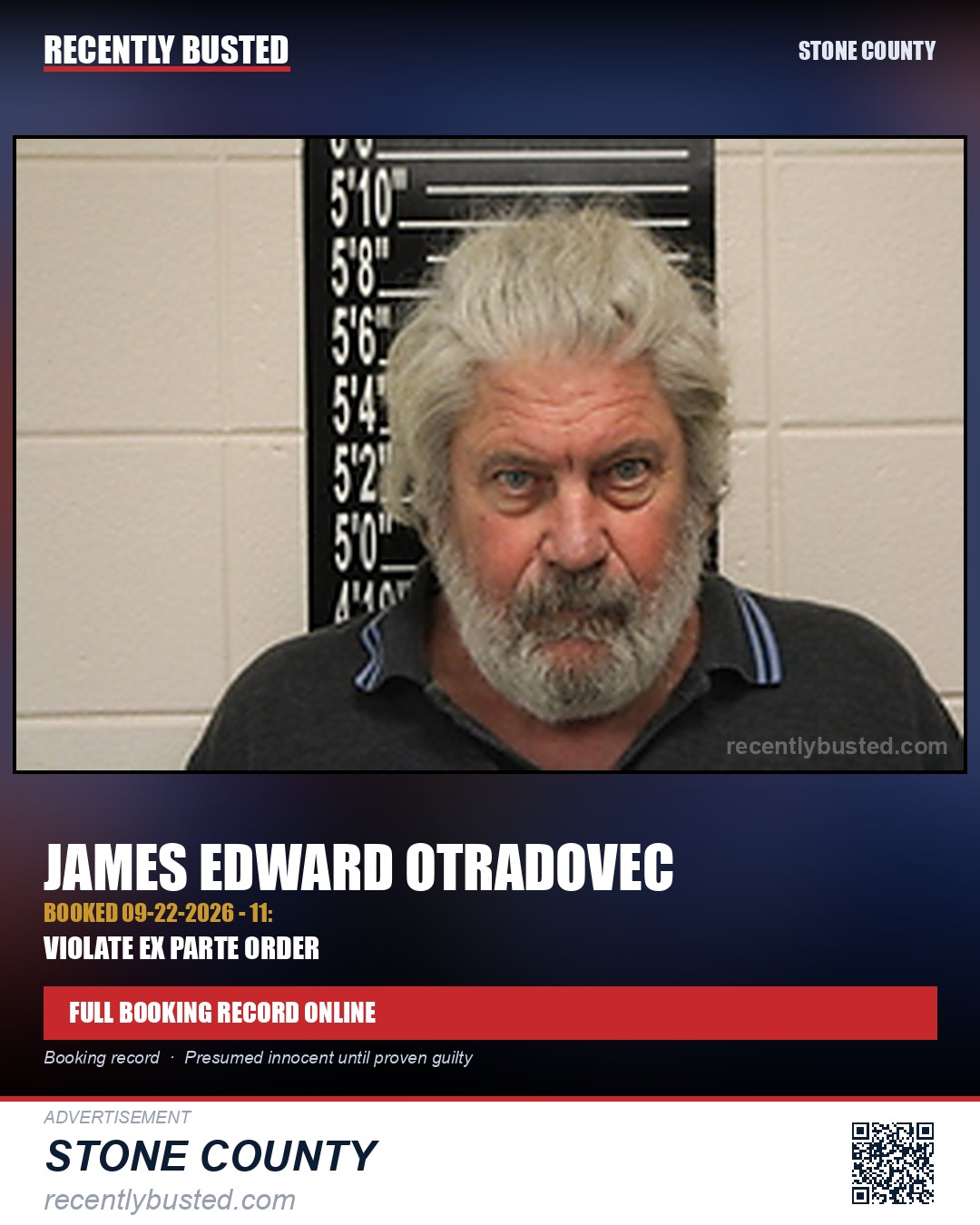 Otradovec, James Edward — arrest record card, Stone County
