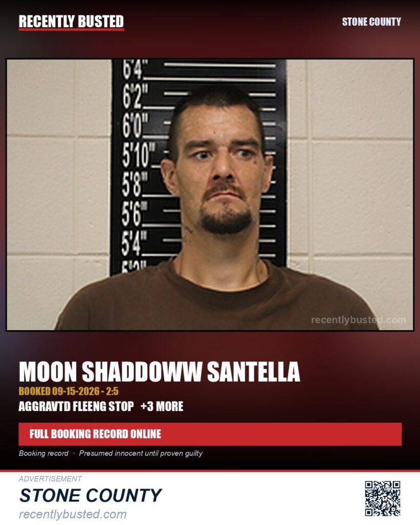 Santella, Moon Shaddoww — arrest record card, Stone County