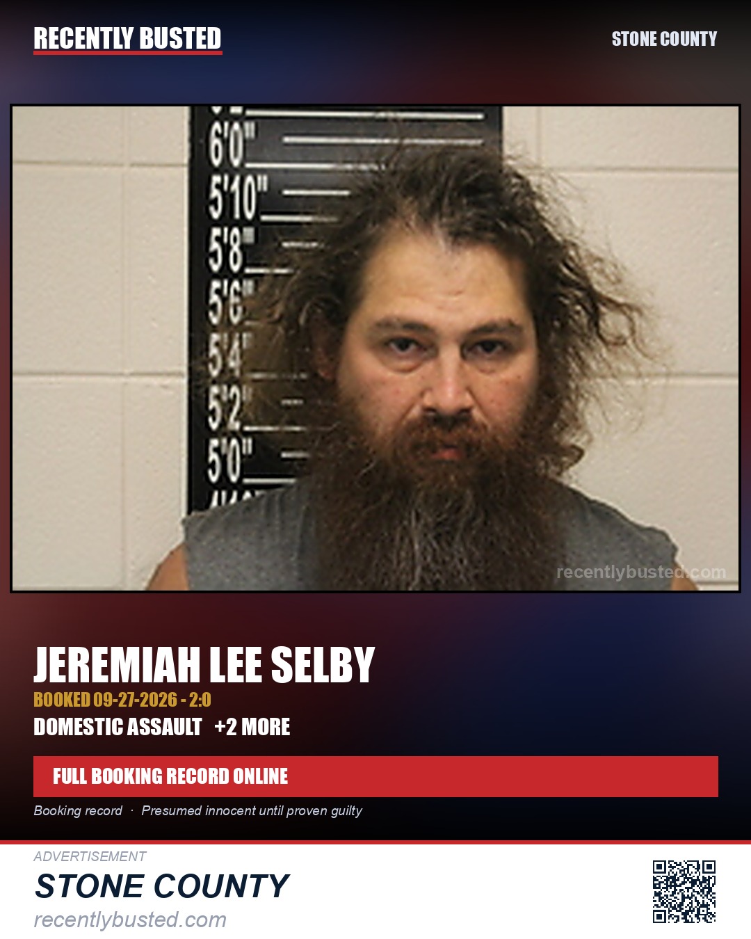 Selby, Jeremiah Lee — arrest record card, Stone County