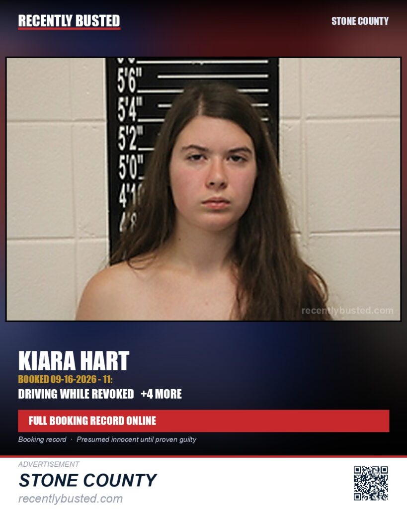 Hart, Kiara — arrest record card, Stone County