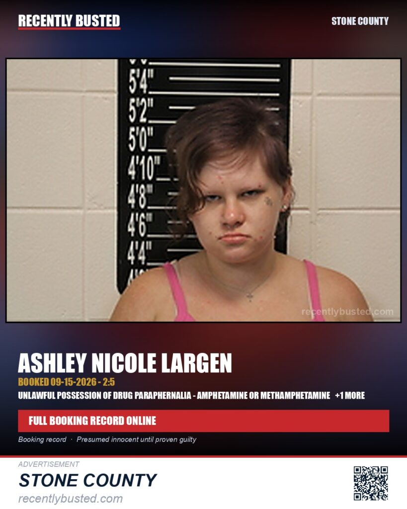 Largen, Ashley Nicole — arrest record card, Stone County