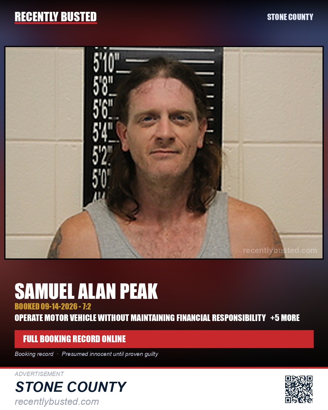 Peak, Samuel Alan — arrest record card, Stone County