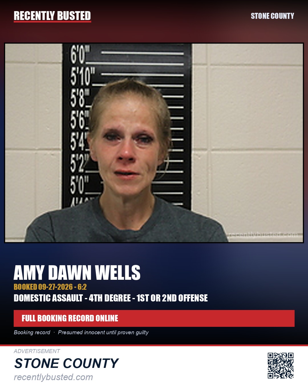 Wells, Amy Dawn — arrest record card, Stone County