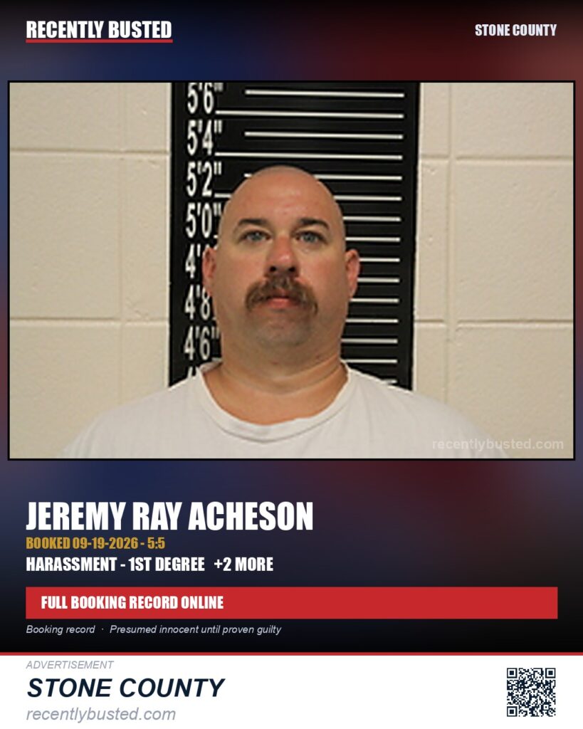 Acheson, Jeremy Ray — arrest record card, Stone County