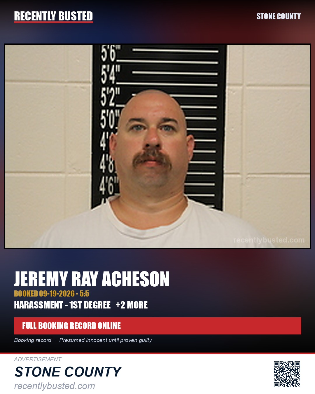 Acheson, Jeremy Ray — arrest record card, Stone County
