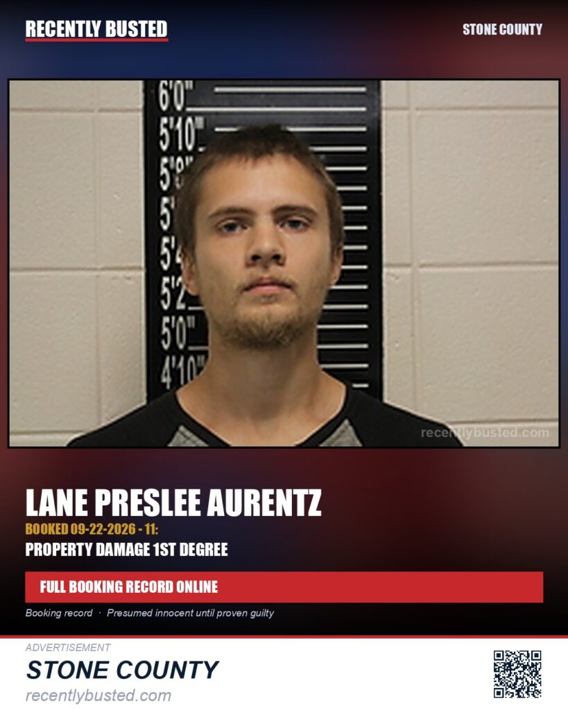 Aurentz, Lane Preslee — arrest record card, Stone County
