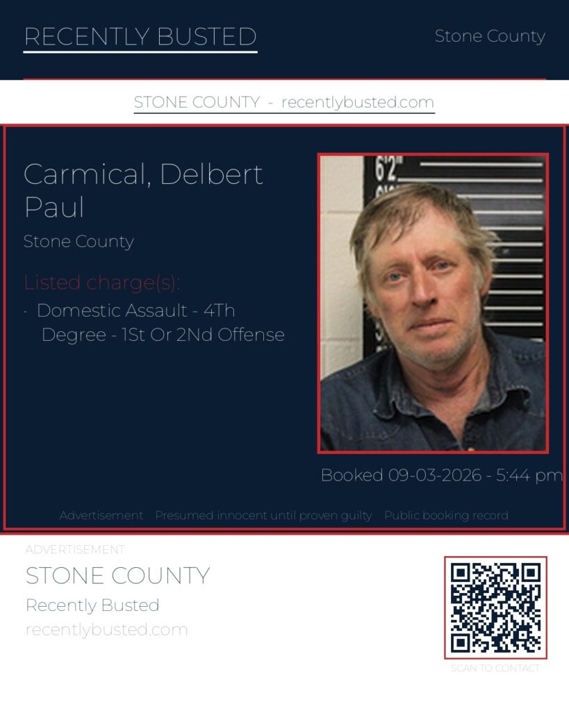 Carmical, Delbert Paul — arrest record card, Stone County
