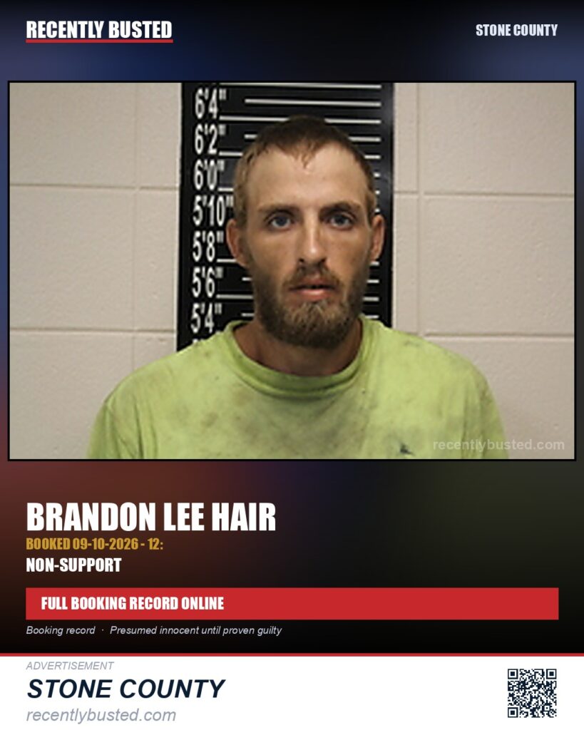 Hair, Brandon Lee — arrest record card, Stone County