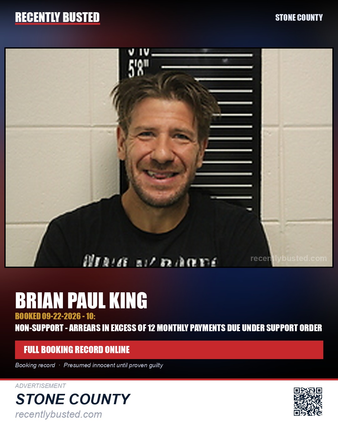King, Brian Paul — arrest record card, Stone County