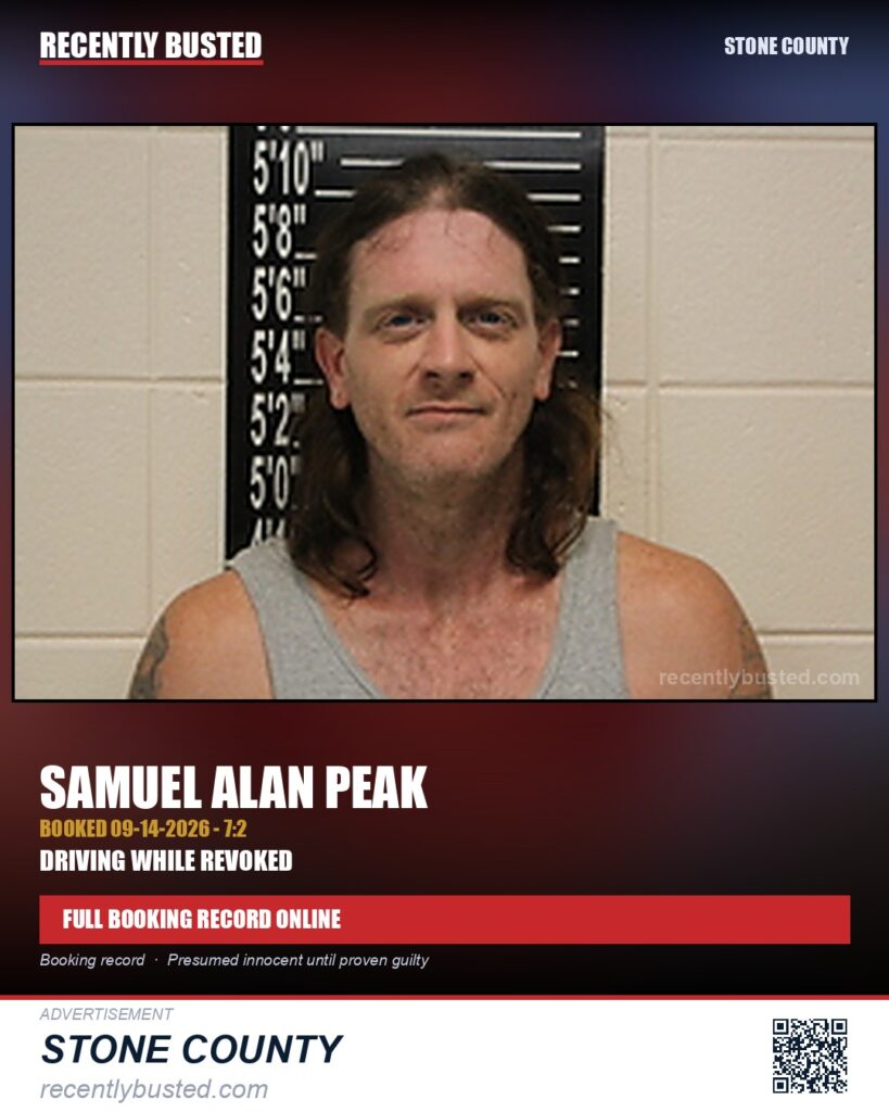 Peak, Samuel Alan — arrest record card, Stone County
