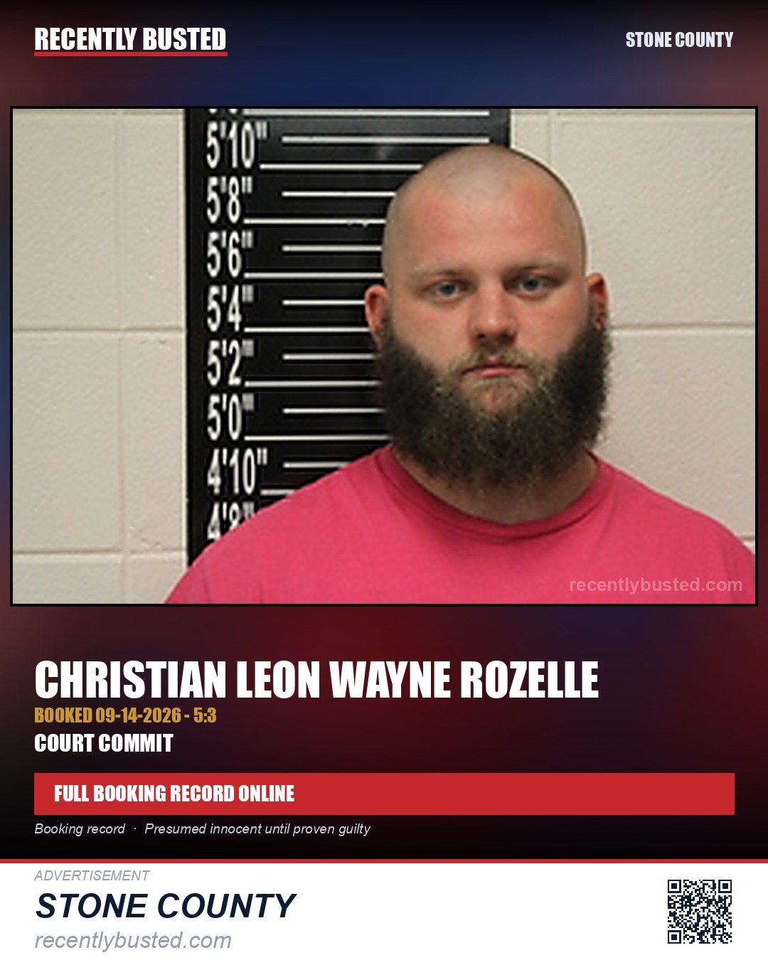Rozelle, Christian Leon Wayne — arrest record card, Stone County