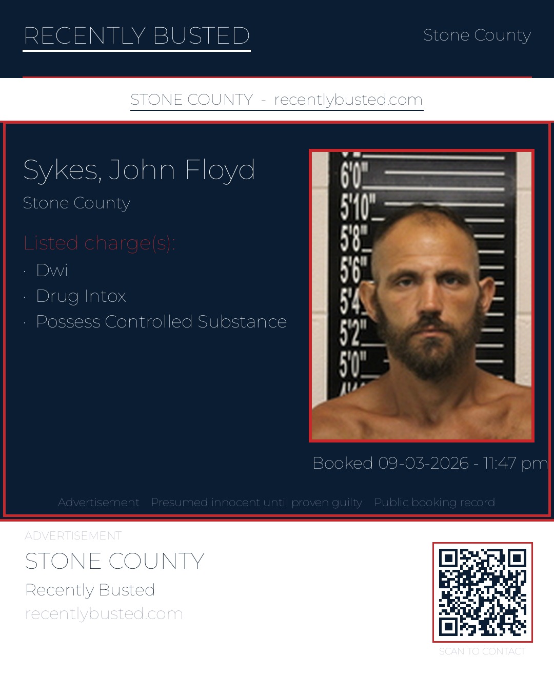 Sykes, John Floyd — arrest record card, Stone County