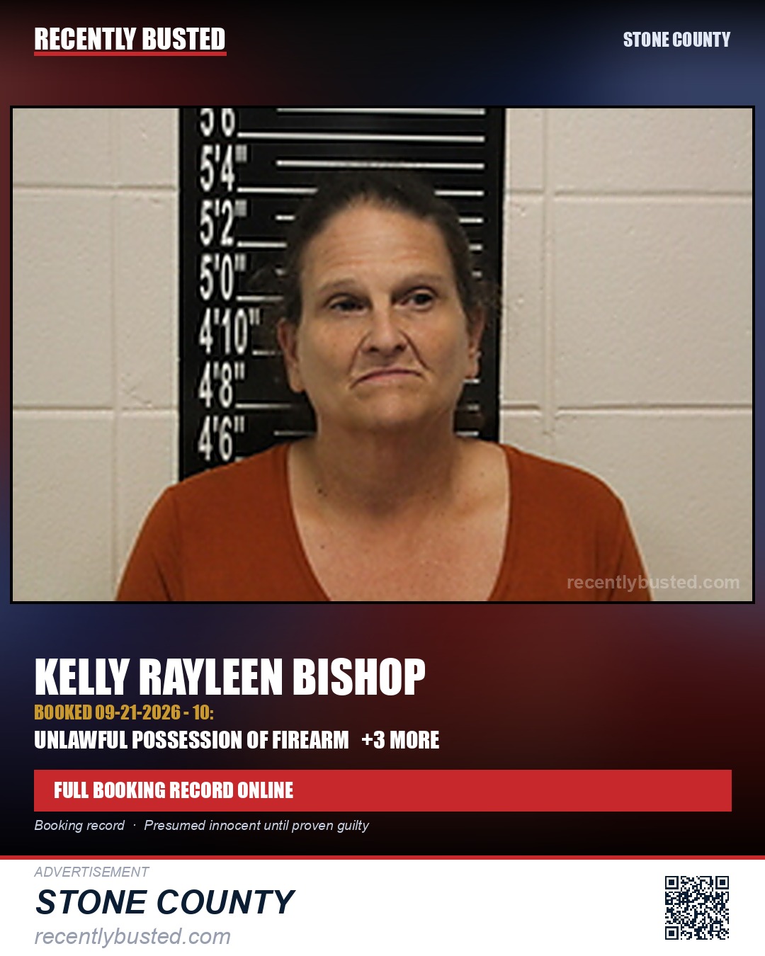 Bishop, Kelly Rayleen — arrest record card, Stone County