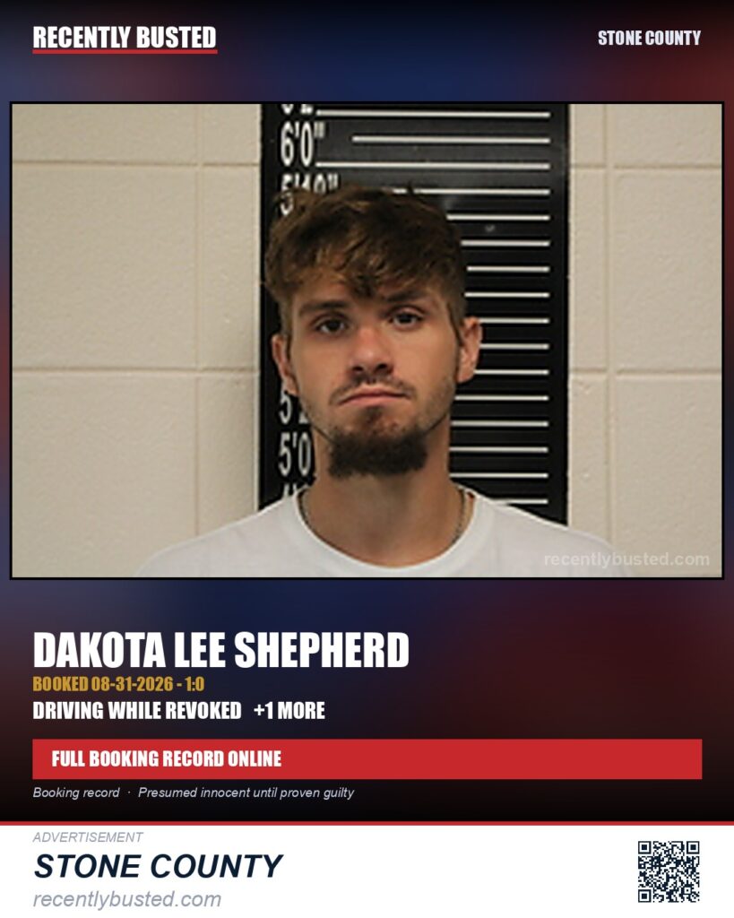Shepherd, Dakota Lee — arrest record card, Stone County