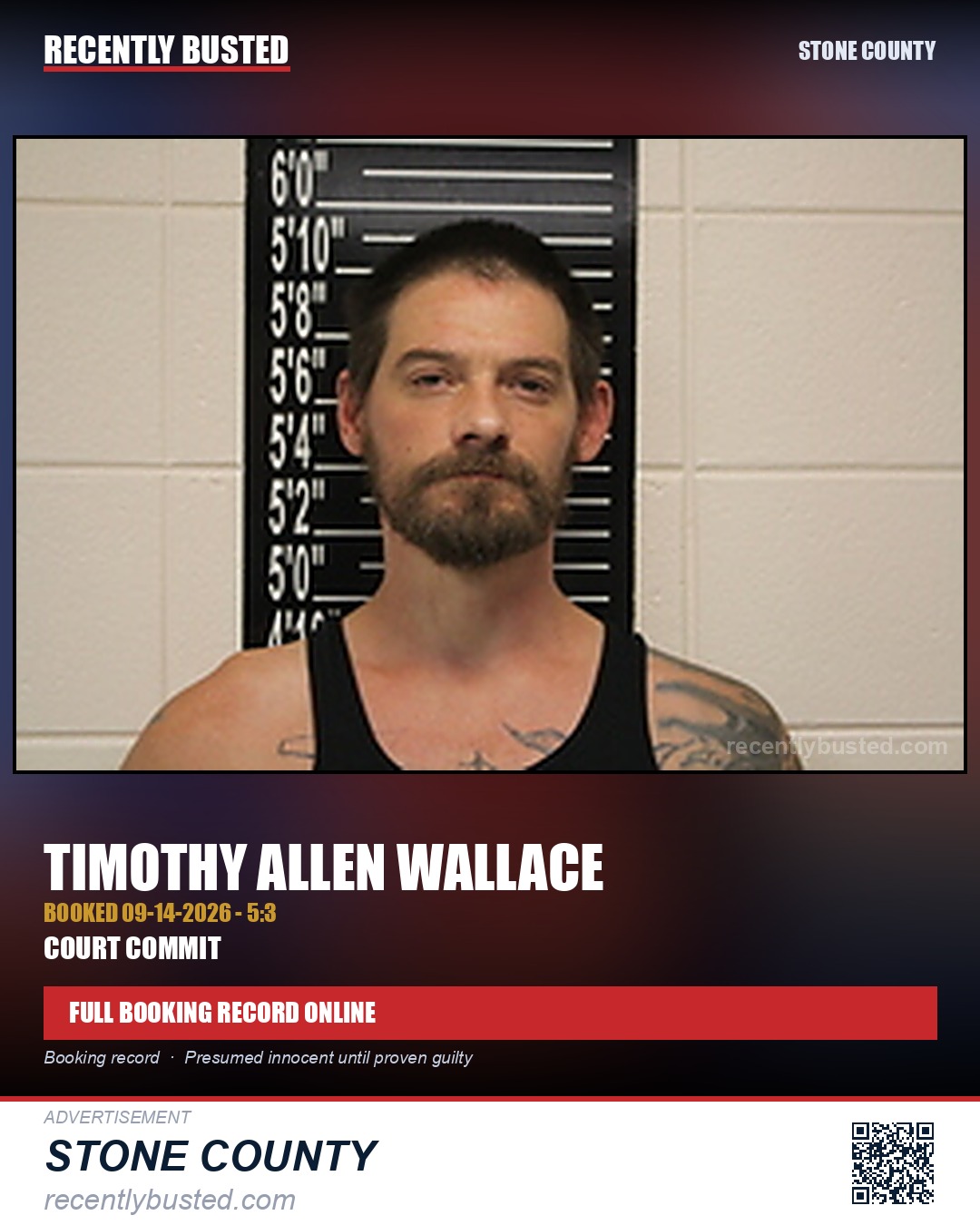 Wallace, Timothy Allen — arrest record card, Stone County