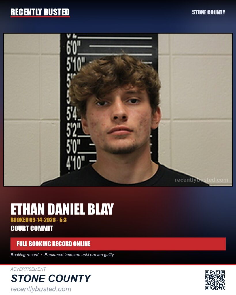 Blay, Ethan Daniel — arrest record card, Stone County