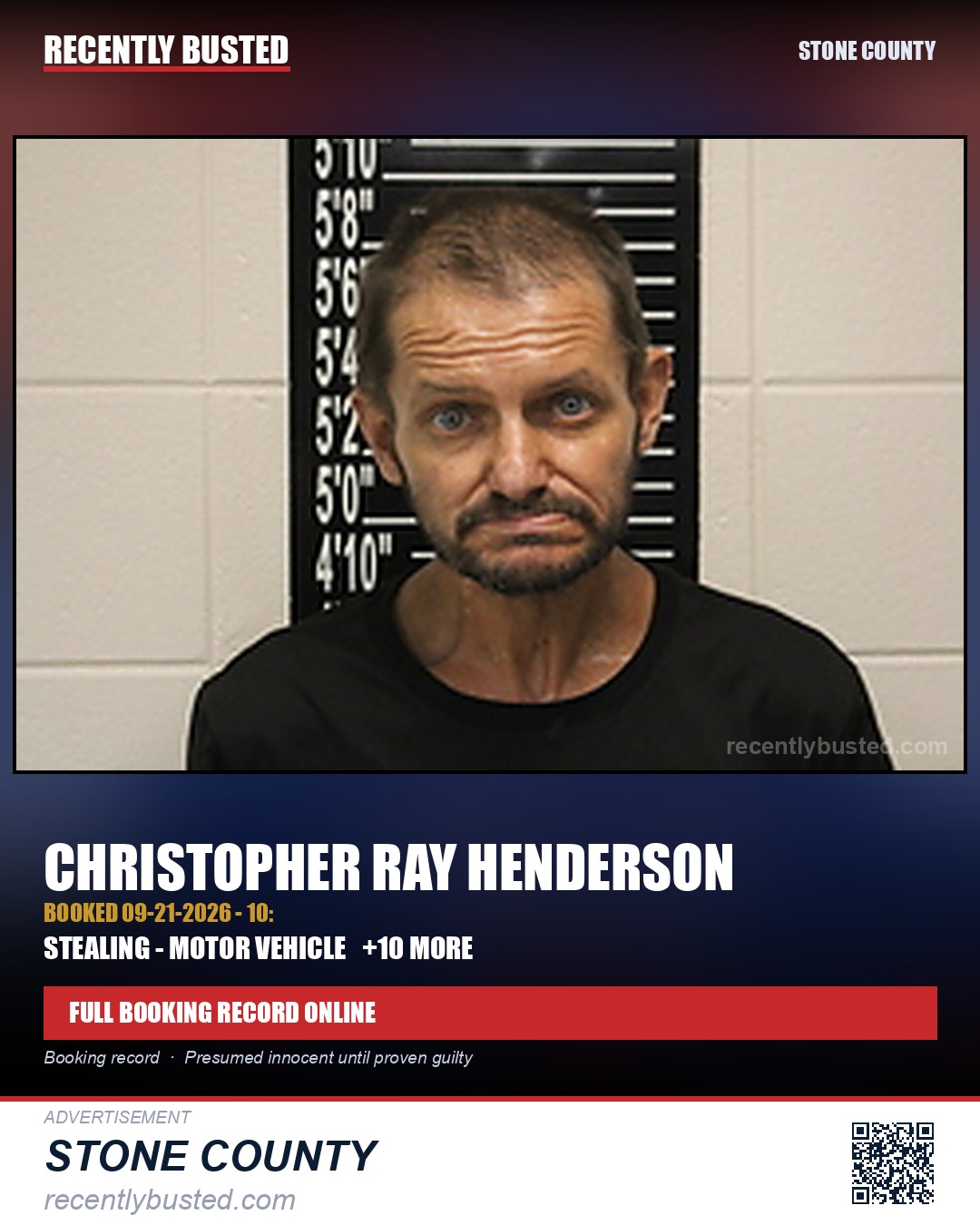 Henderson, Christopher Ray — arrest record card, Stone County