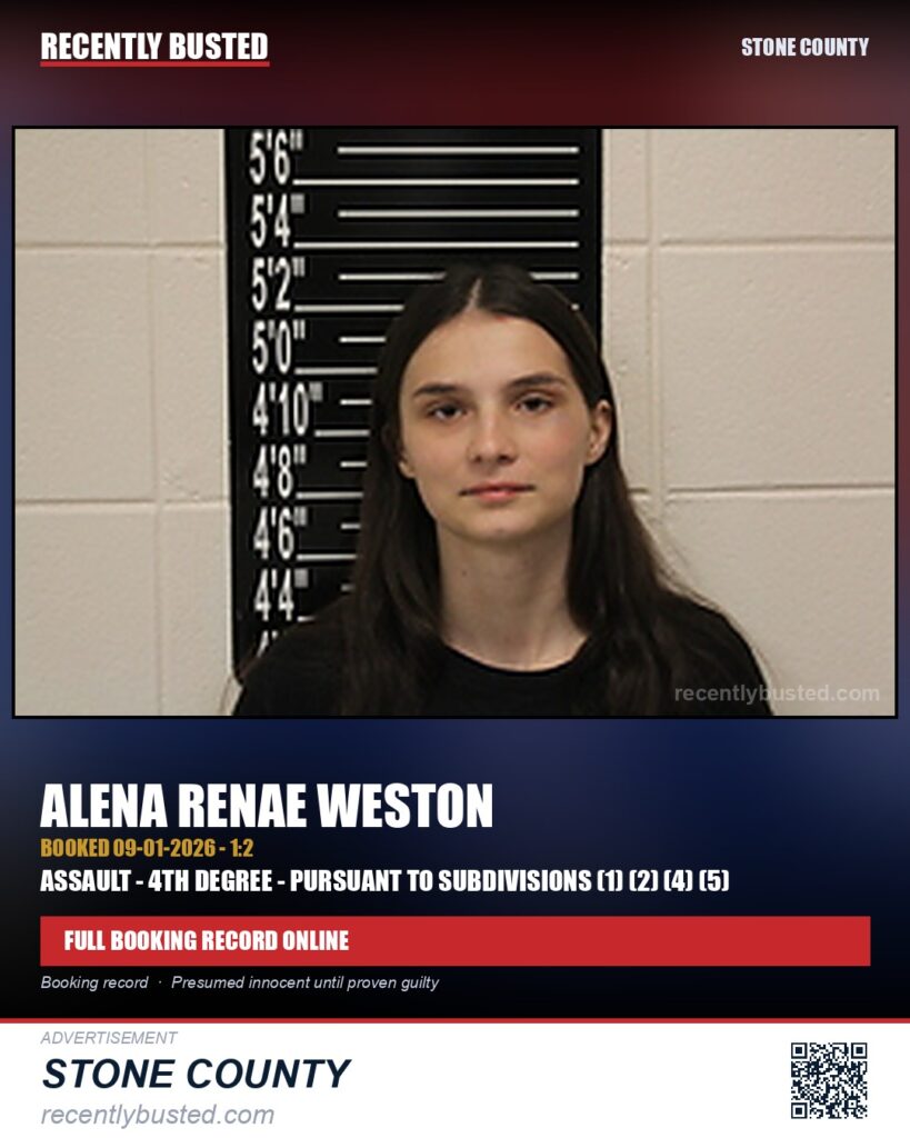 Weston, Alena Renae — arrest record card, Stone County
