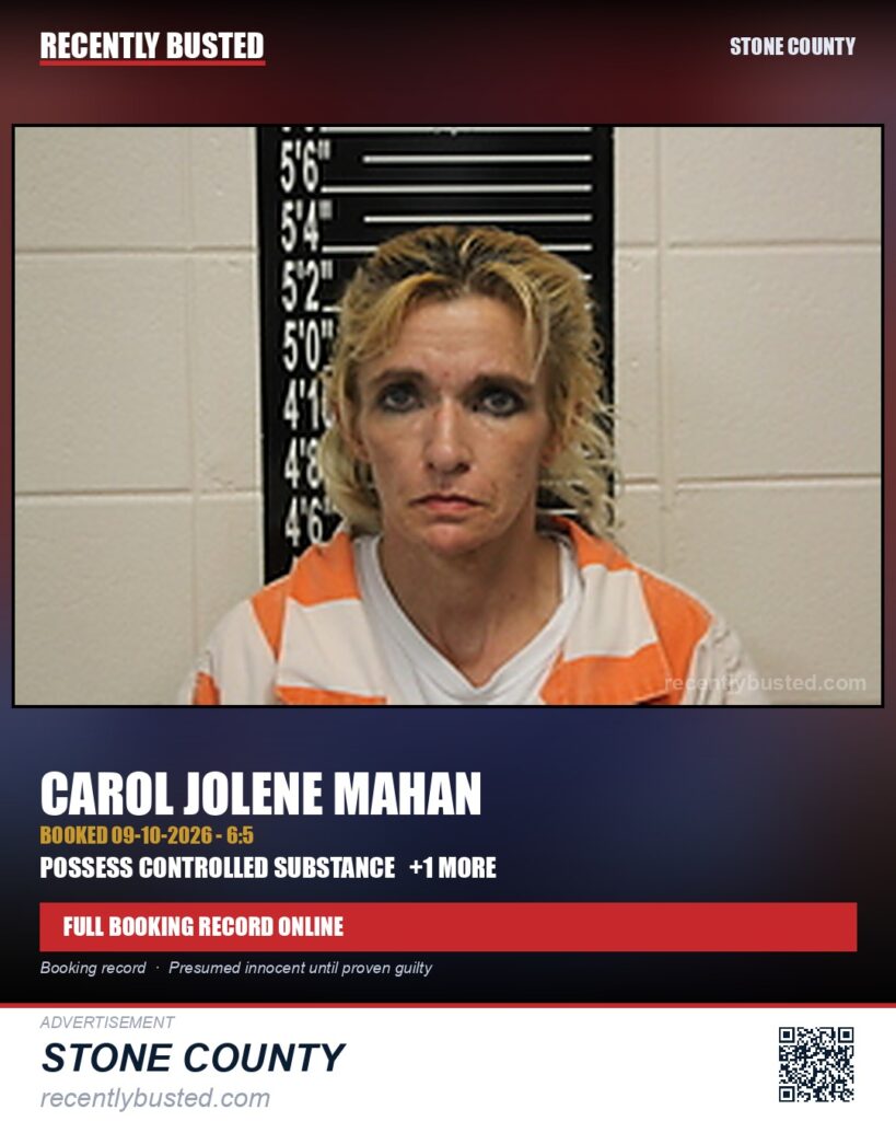 Mahan, Carol Jolene — arrest record card, Stone County