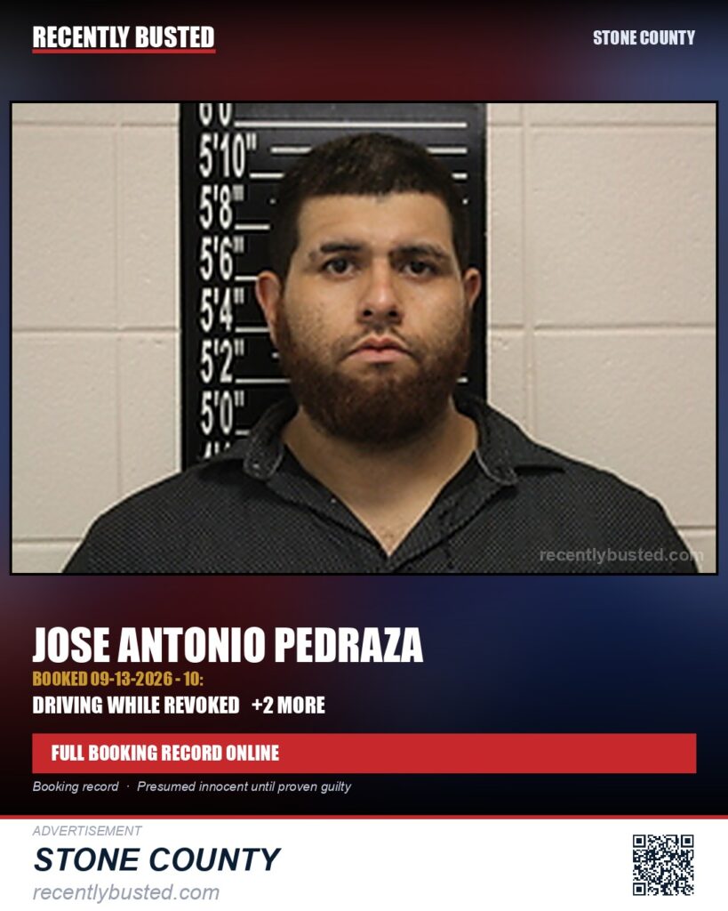 Pedraza, Jose Antonio — arrest record card, Stone County