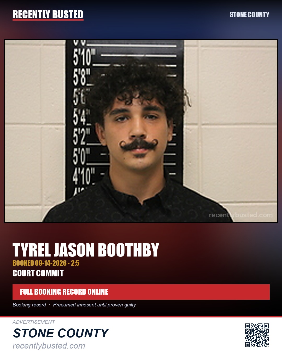 Boothby, Tyrel Jason — arrest record card, Stone County