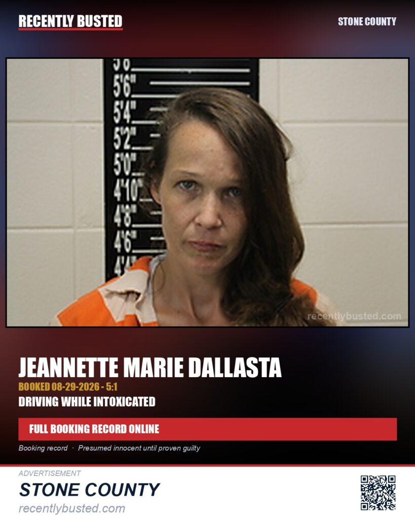 Dallasta, Jeannette Marie — arrest record card, Stone County