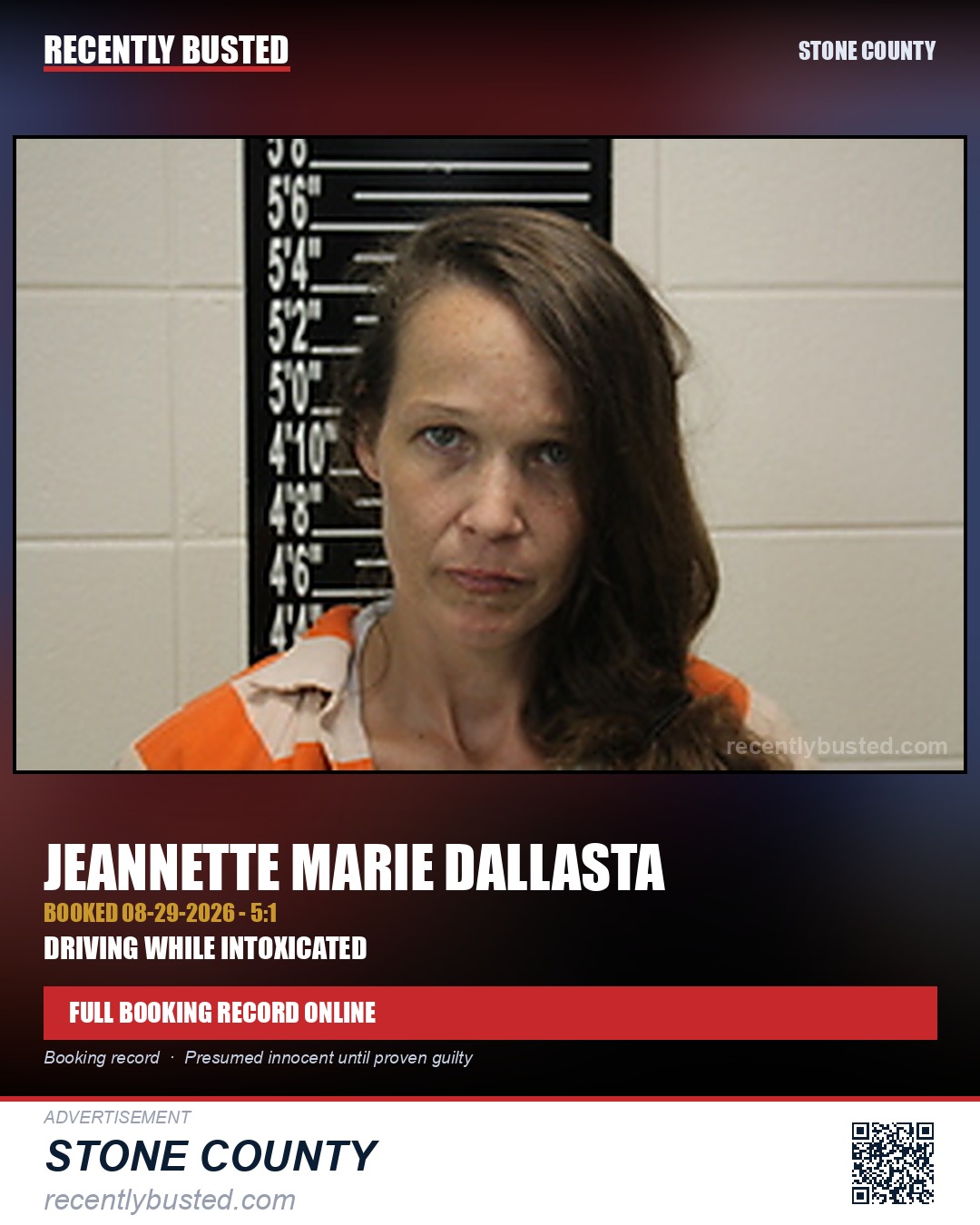Dallasta, Jeannette Marie — arrest record card, Stone County
