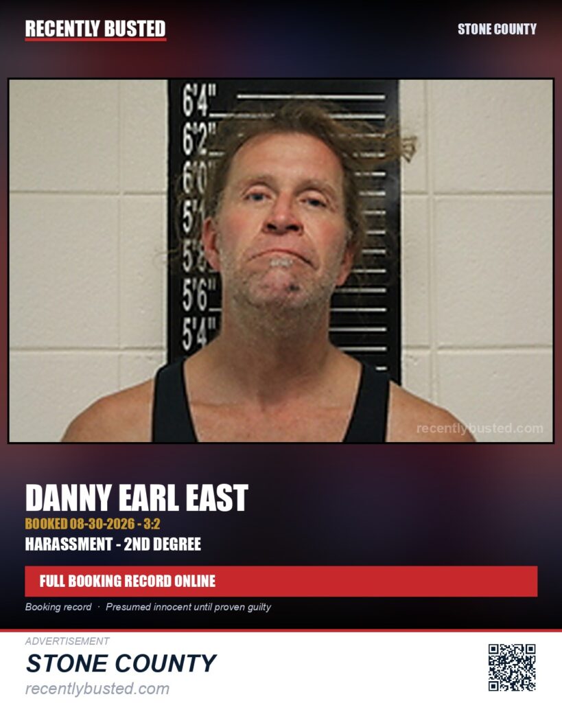 East, Danny Earl — arrest record card, Stone County