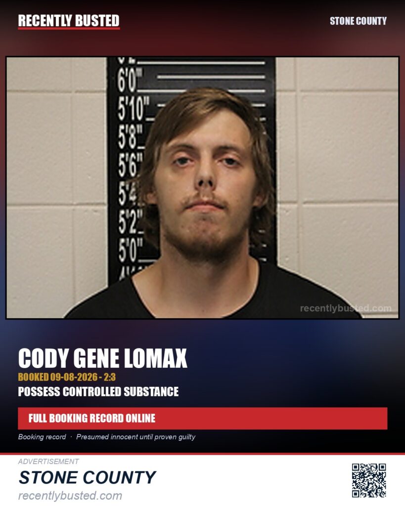 Lomax, Cody Gene — arrest record card, Stone County