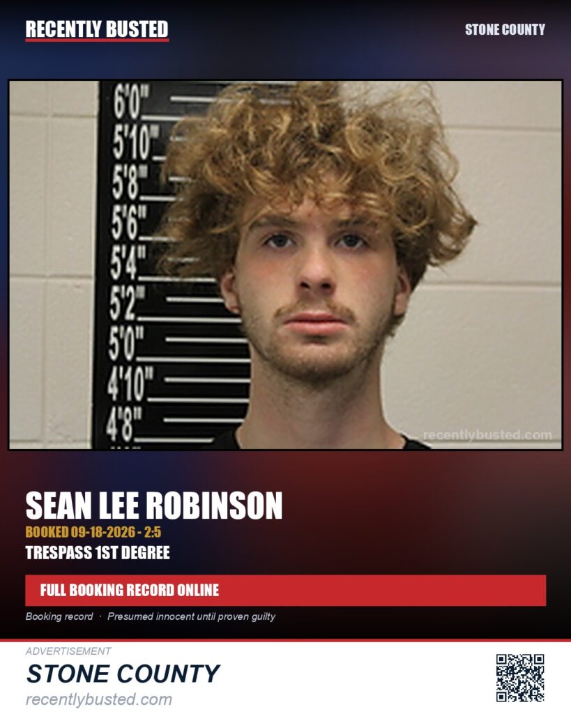 Robinson, Sean Lee — arrest record card, Stone County