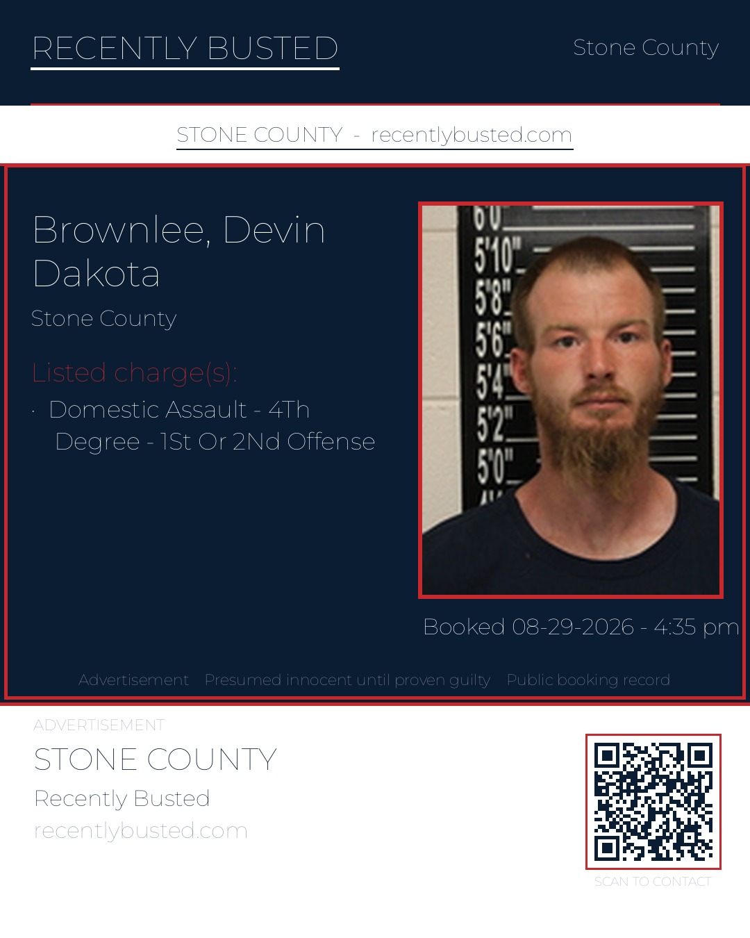 Brownlee, Devin Dakota — arrest record card, Stone County