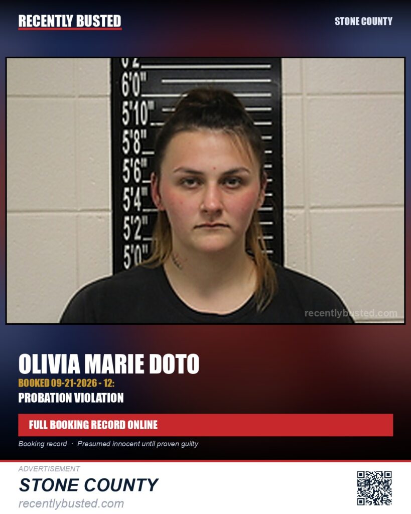 Doto, Olivia Marie — arrest record card, Stone County