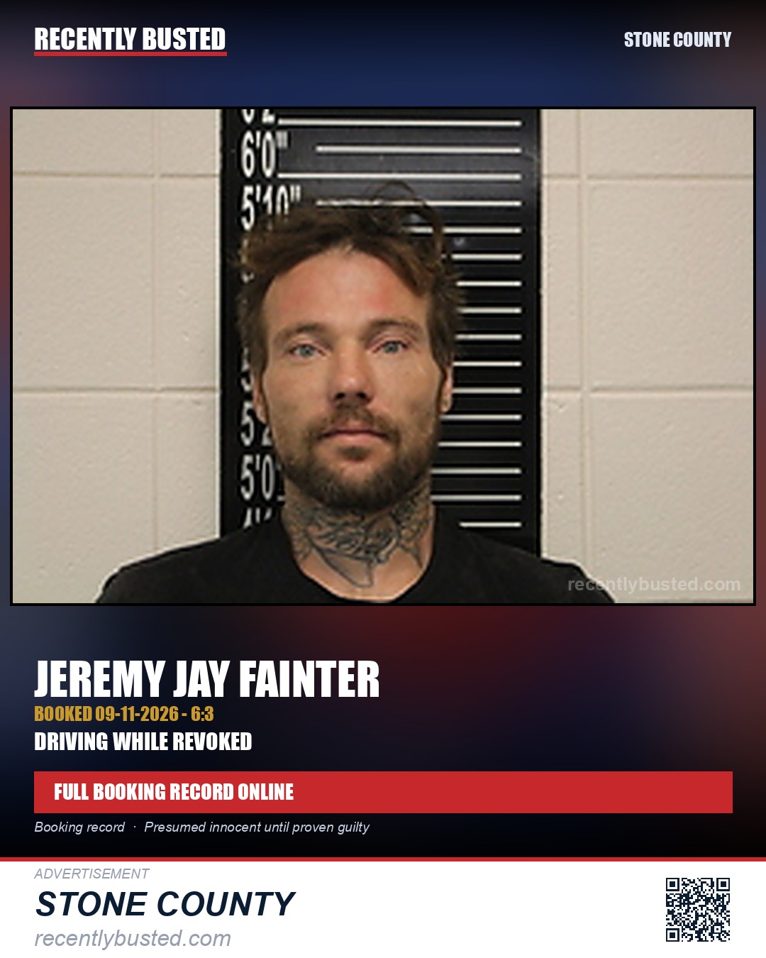 Fainter, Jeremy Jay — arrest record card, Stone County
