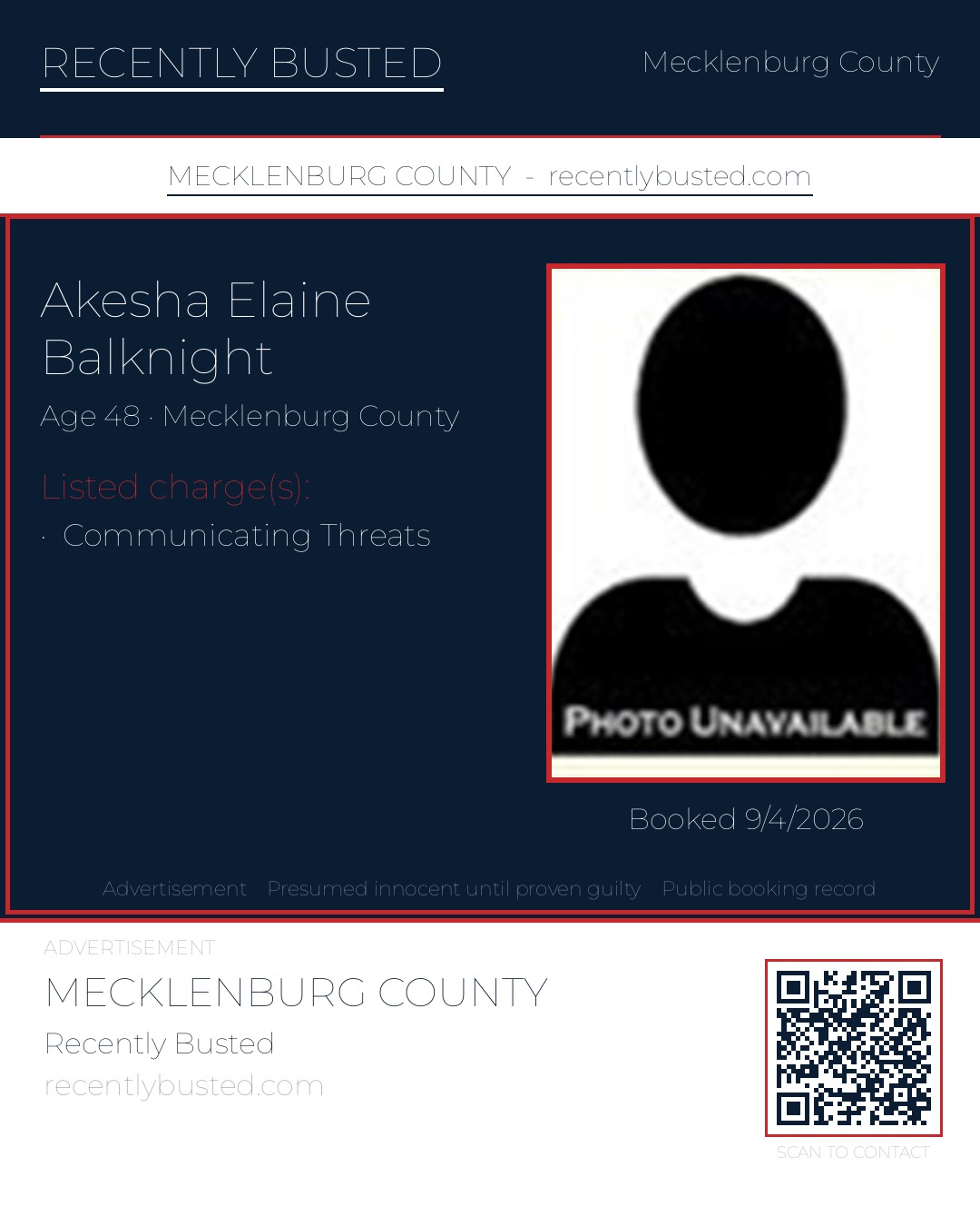 AKESHA ELAINE BALKNIGHT — arrest record card, Mecklenburg County, North Carolina