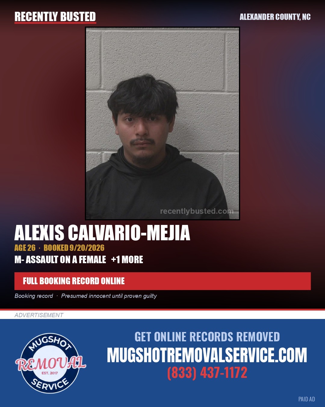 ALEXIS CALVARIO-MEJIA — arrest record card, Alexander County, North Carolina