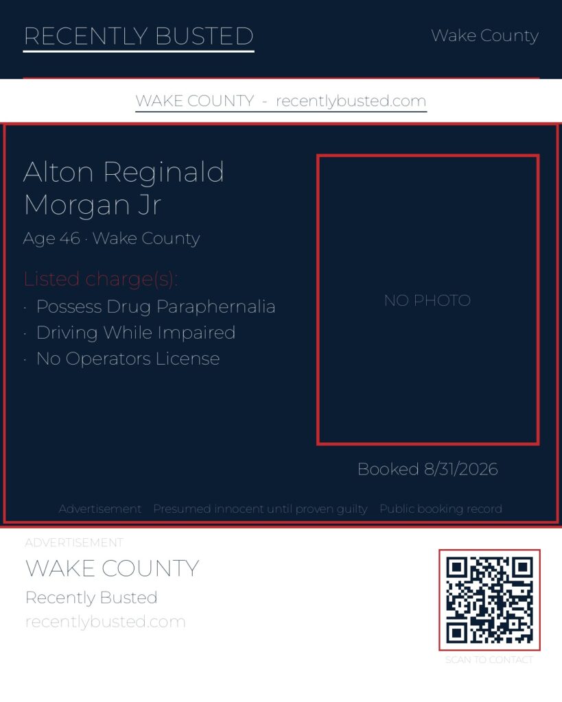 ALTON REGINALD MORGAN JR — arrest record card, Wake County, North Carolina