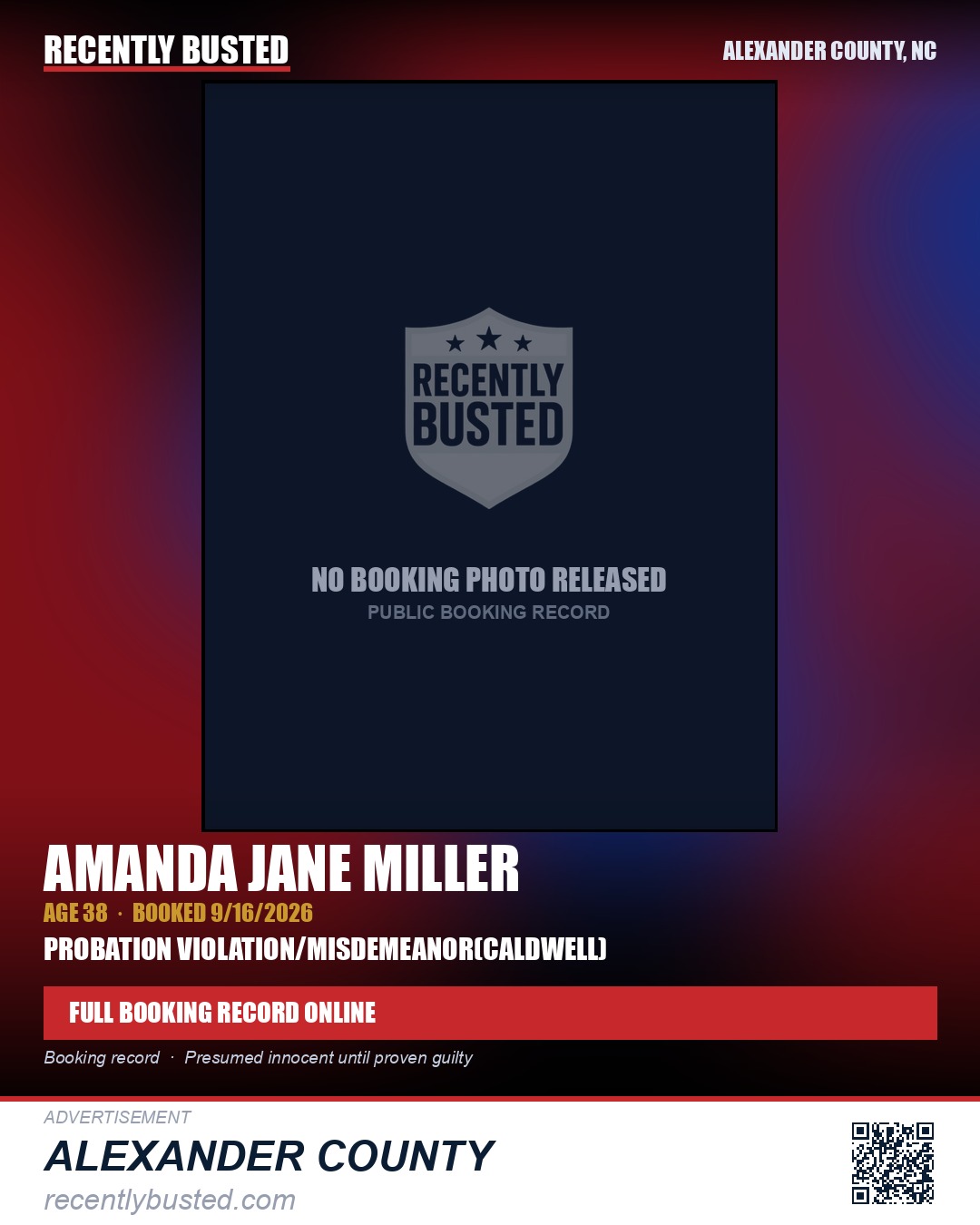 AMANDA JANE MILLER — arrest record card, Alexander County, North Carolina