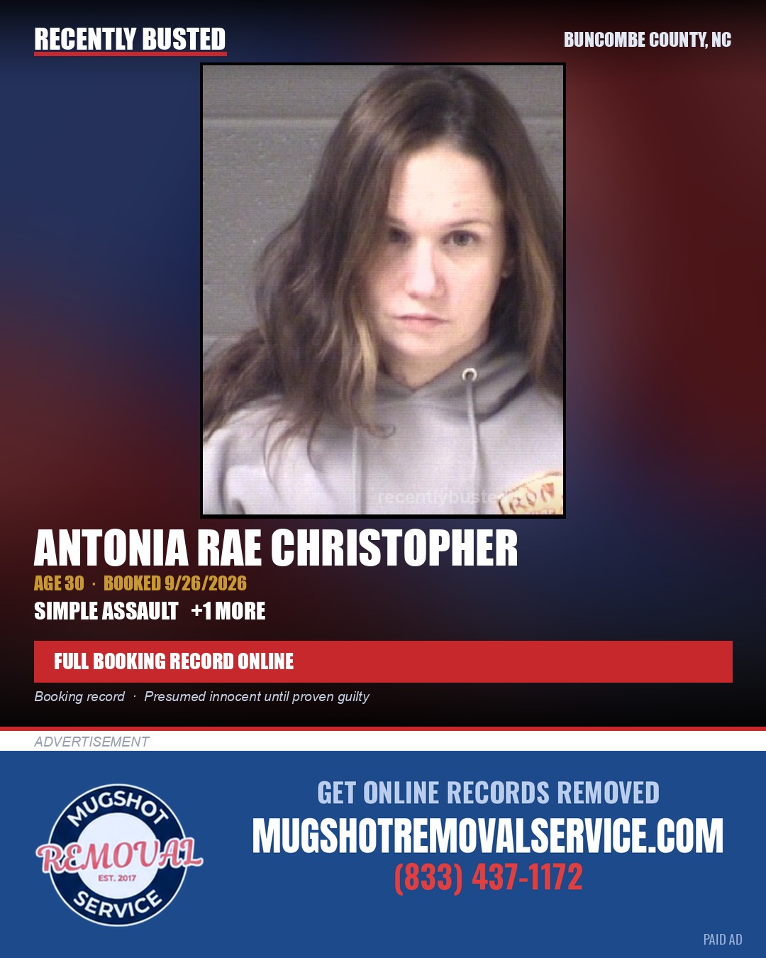 ANTONIA RAE CHRISTOPHER — arrest record card, Buncombe County, North Carolina