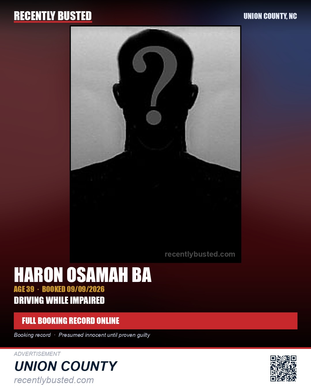 BA, HARON OSAMAH — arrest record card, Union County, North Carolina
