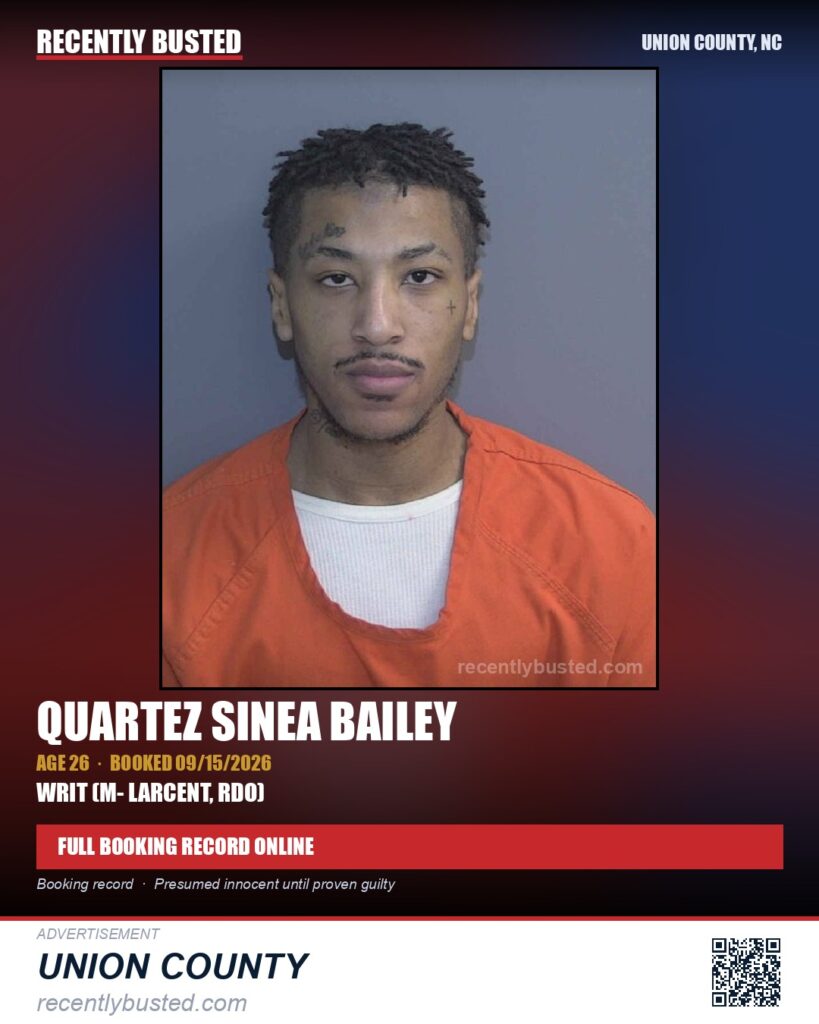 BAILEY, QUARTEZ SINEA — arrest record card, Union County, North Carolina