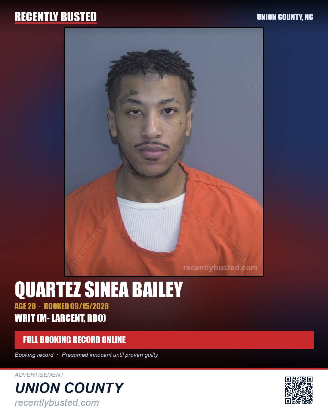 BAILEY, QUARTEZ SINEA — arrest record card, Union County, North Carolina