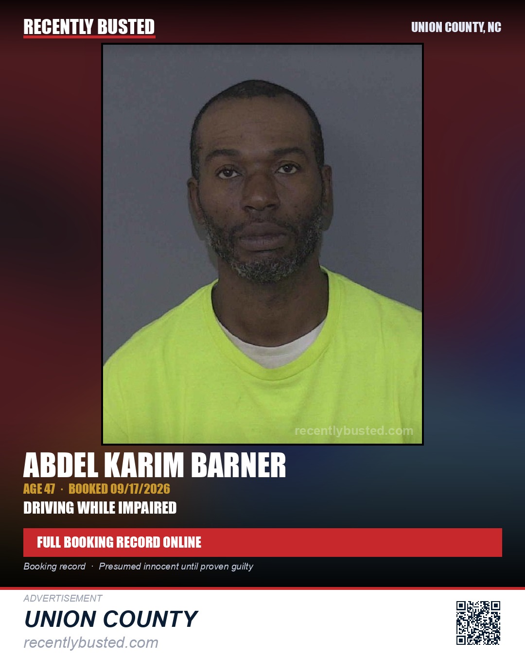 BARNER, ABDEL KARIM — arrest record card, Union County, North Carolina