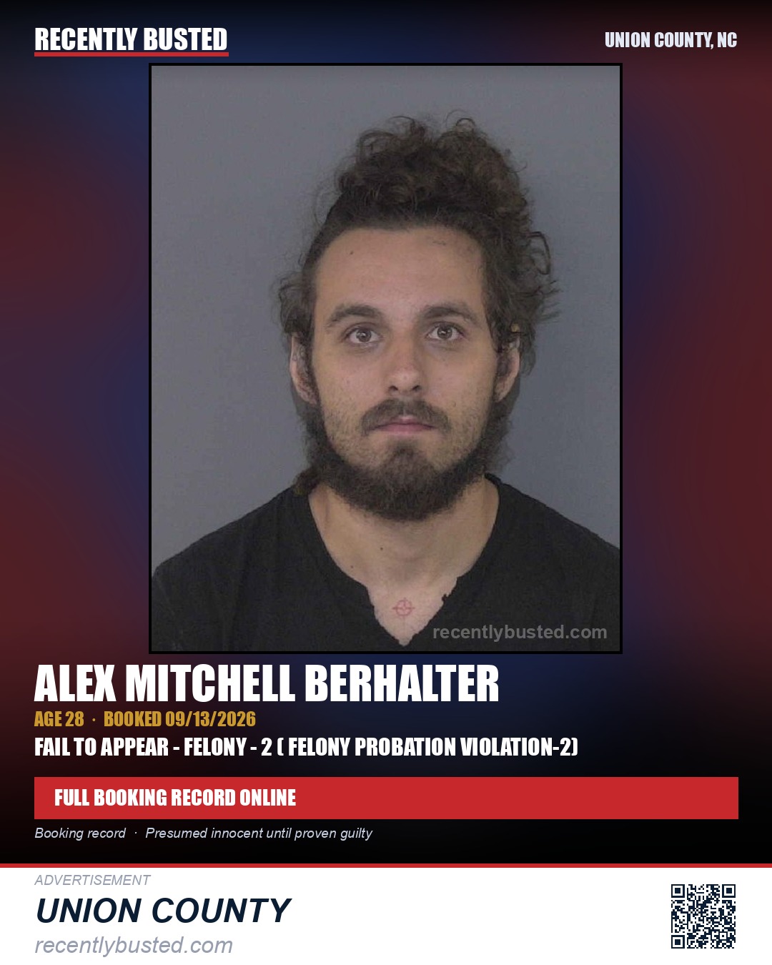 BERHALTER, ALEX MITCHELL — arrest record card, Union County, North Carolina