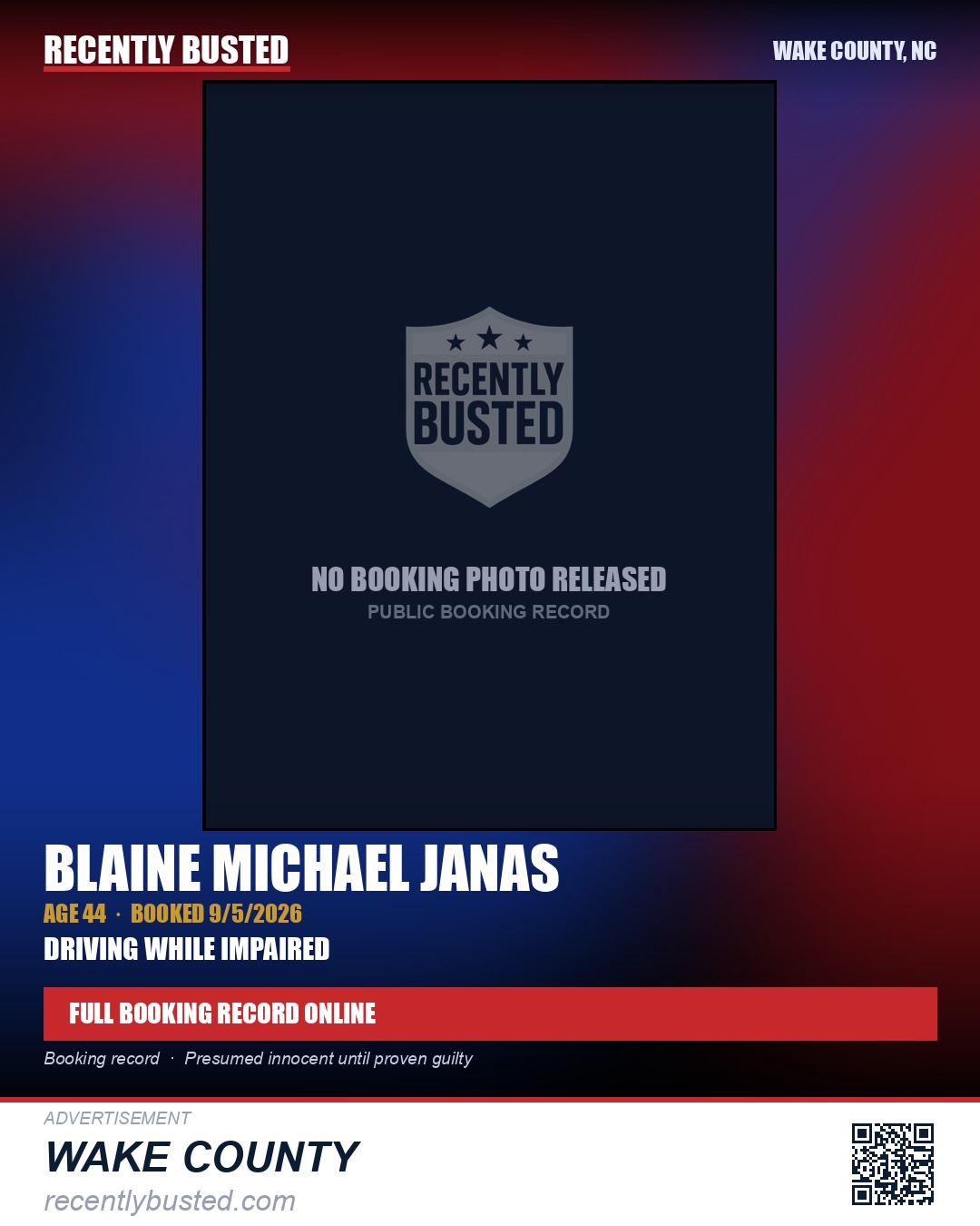 BLAINE MICHAEL JANAS — arrest record card, Wake County, North Carolina